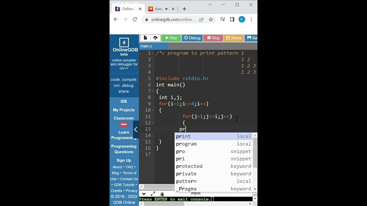 C program to print the number pattern 1 12 123 1234 - YouTube