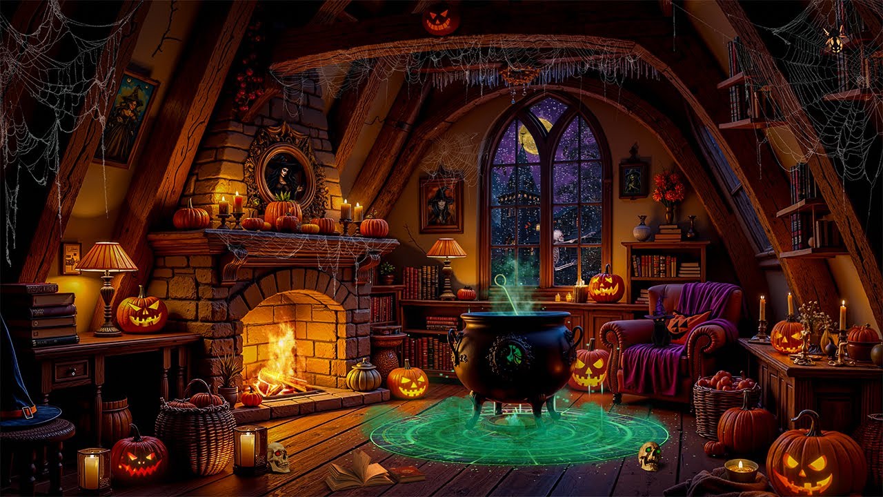 Spooky Witch's Cottage Halloween Ambience 🎃🦇 Spooky Halloween Jazz 2025, Crackling Fireplace & Rain