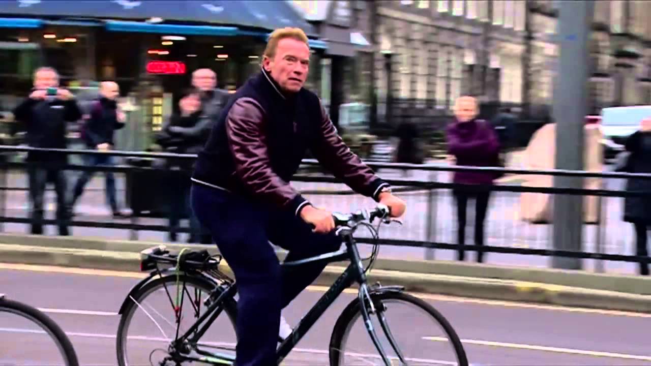 Arnold Schwarzenegger cycling upstream Edinburgh