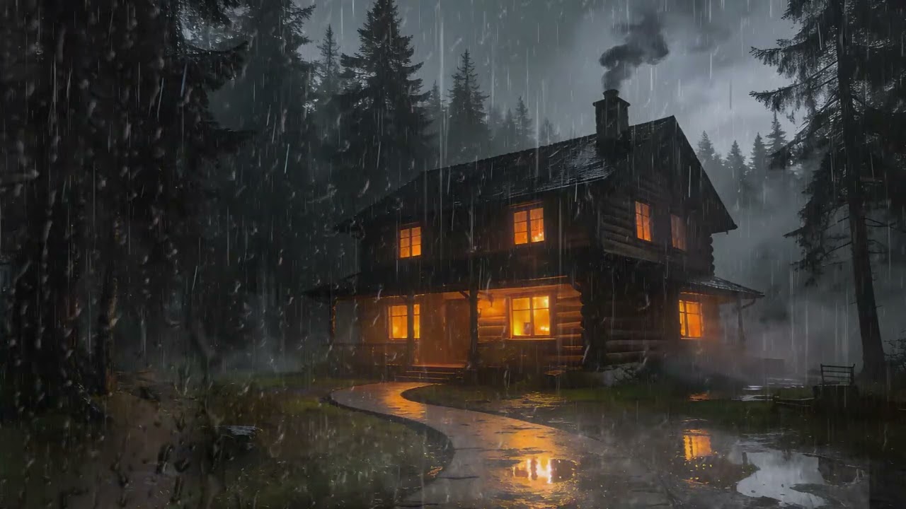 Relaxing Night at the Cabin 🌧️ Heavy Rain & Fireplace White Noise