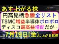 あす上がる株　2024年７月１９日（金）に上がる銘柄。円高メリット銘柄が急騰。TSMCとディスコの決算。半導体関連株が続落。レーザーテックの推移～最新の日本株情報。高配当株の株価やデイトレ情報も～