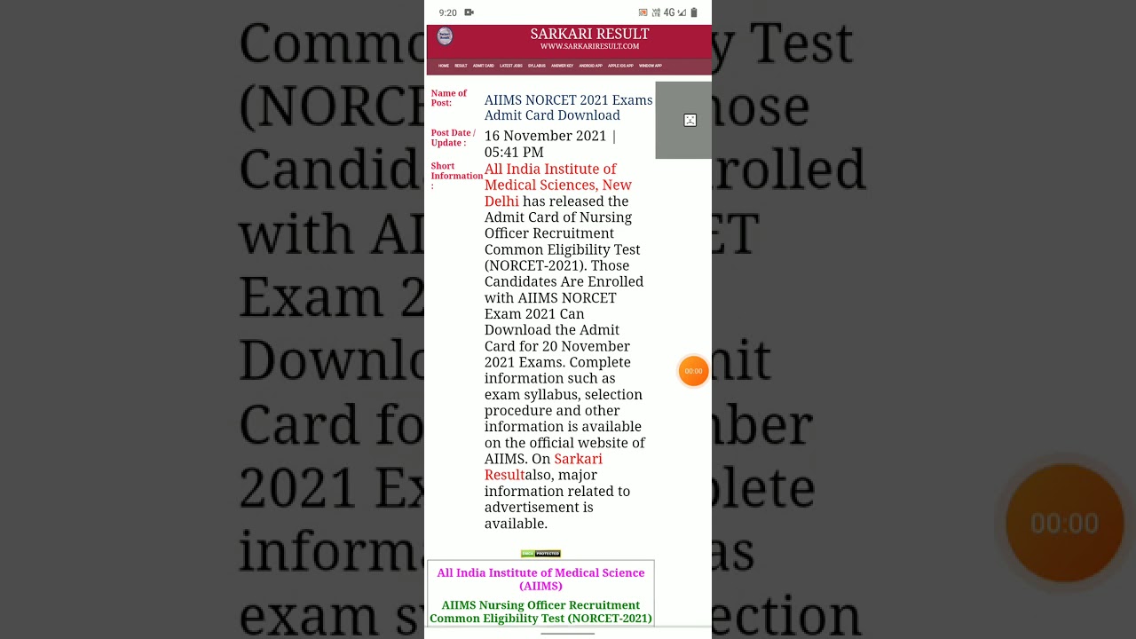 AIIMS NORCET 2021 Admit Card
