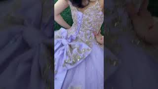 Lilac Glitter Tulle Quince Dress w Gold Glitter Embroidery Halter Neckline Opt Ruffle Sleeves