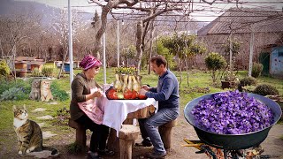 Collecting Wild Violet Flower from Forest | Unique Flower Jam | Cooking Chicken Legs with Potato