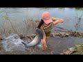 Hook Fishing. Beautiful Girl Fishing Giant Black Carp