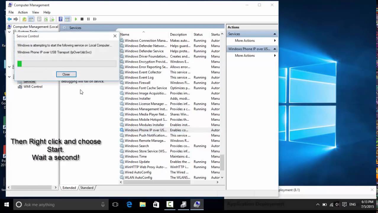 How to fix problem Windows Phone IP over USB transport is not running