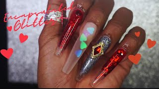 XXL COFFIN NAILS | Red and Black Valentine's Design | ENCAPSULATED GLITTER