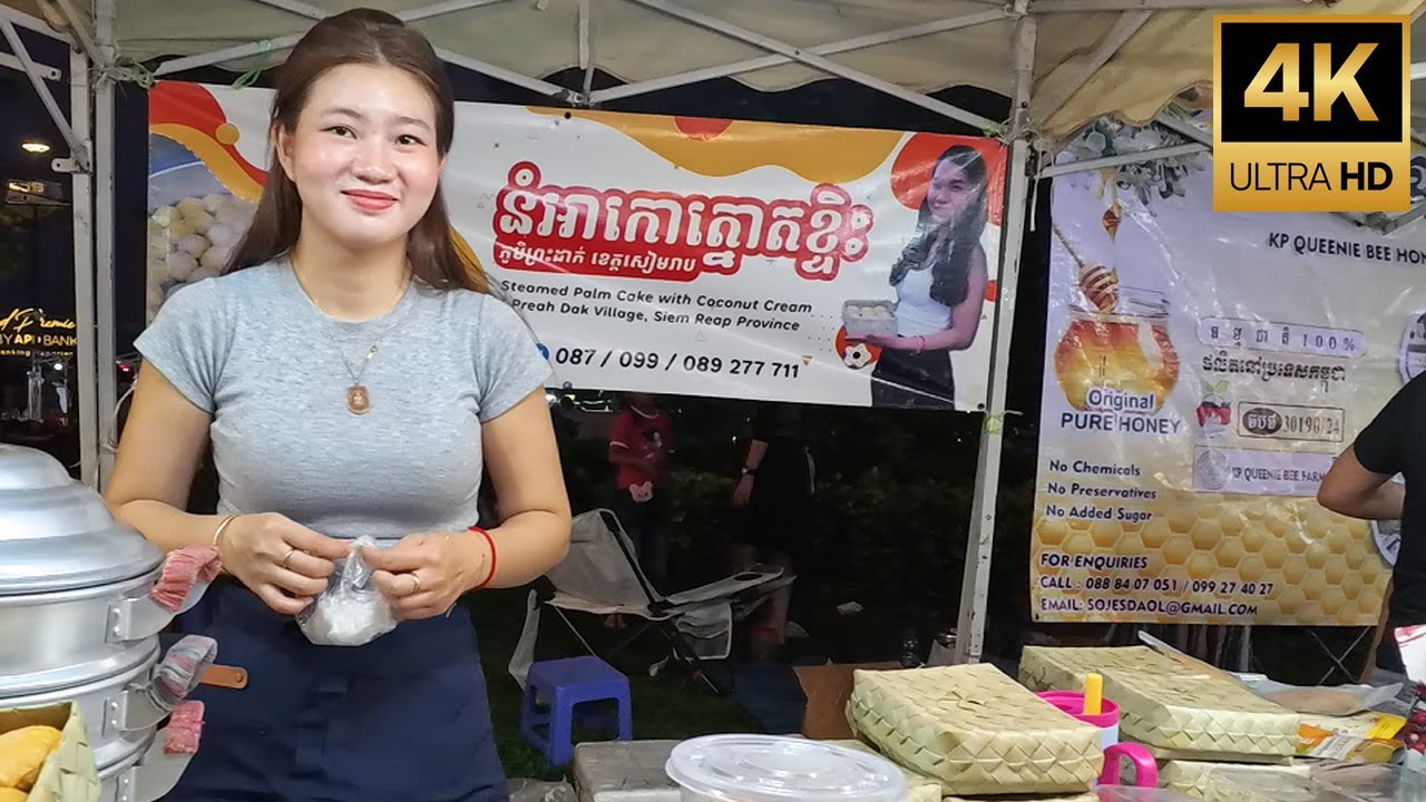 She is so cute selling KHMER CAKEs at Walk Street, Phnom Penh, Cambodia [4K]