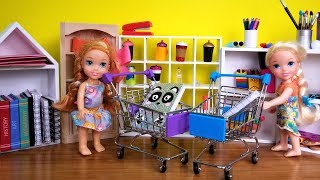 Elsa and Anna toddlers buy school supplies from store  Barbie is seller