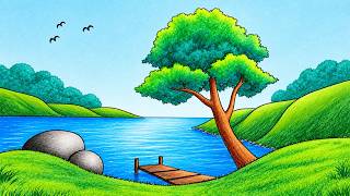 How To Draw a Beautiful Lake, Tree and Hill Scenery | Easy Drawing Step by Step