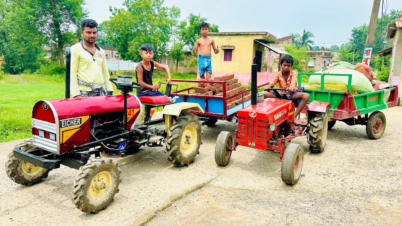 Mini Eicher Tractor a Trolley Bricks and Mini mahindra Tractor a Trolley Fuel Brought Wood Powder 