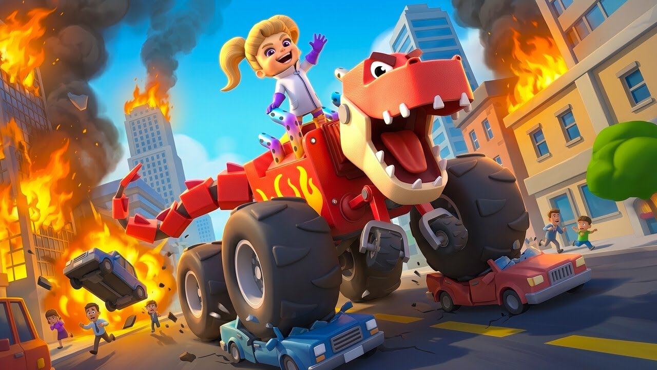 ŞEYTANİ T-REX KAMYONU Anima Şehri'nde kaos yaratıyor! Yardım edin, Kurtarma Ekibi! | Arabalar