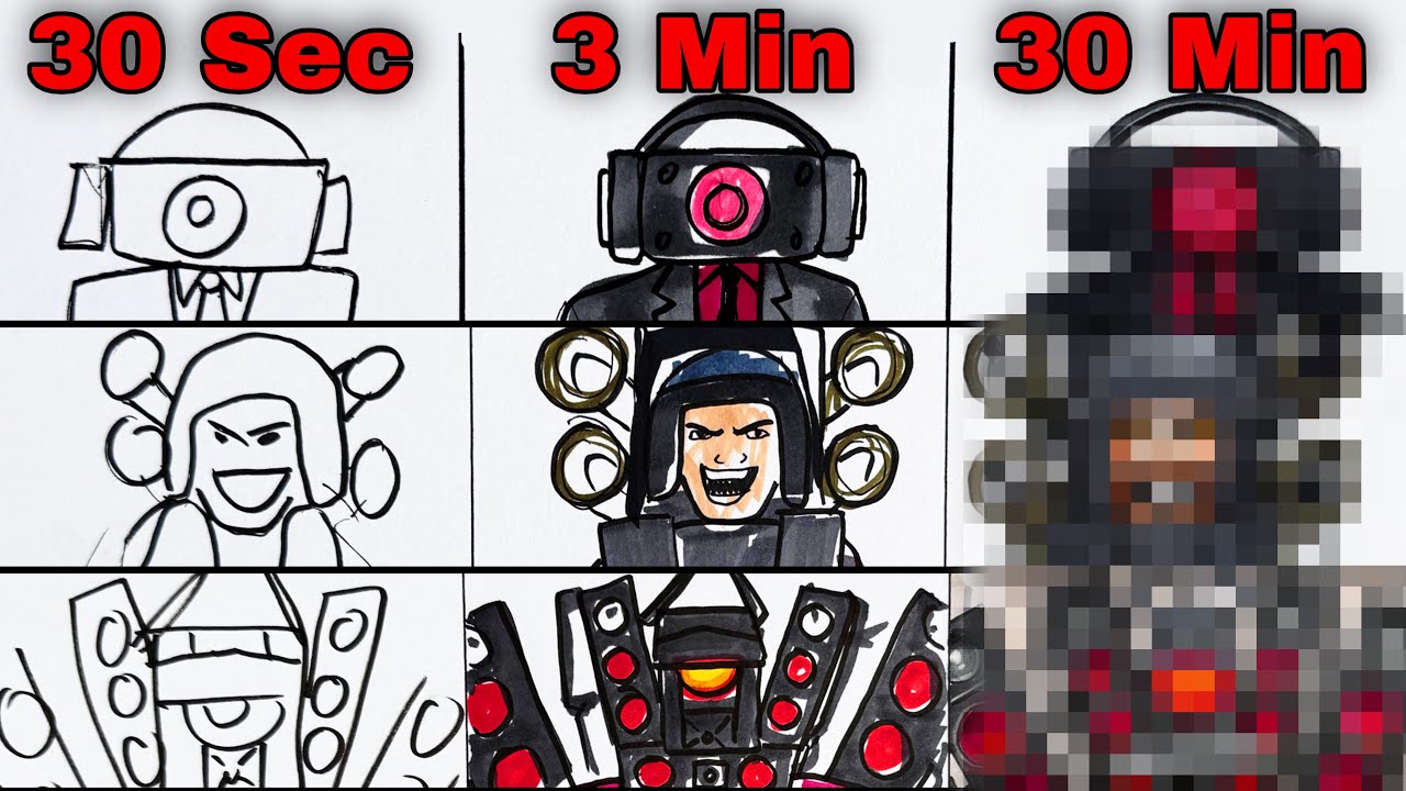 Drawing Titan Speakerman - Dark Speakerman - Hybrid in 30 sec, 3 min, and 30 min | Skibidi Toilet