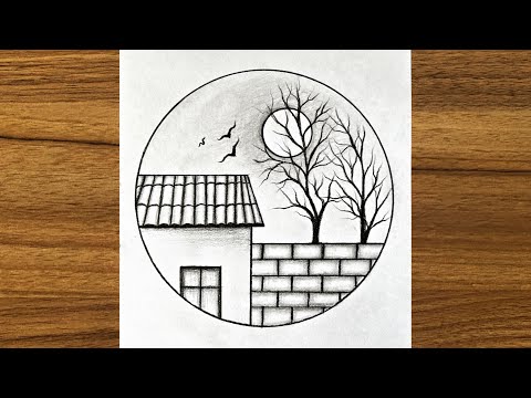 Pencil drawing in circle/How to draw easy scenery pencil drawing | Easy  scenery drawing in a circle | Pencil drawing in circle/How to draw easy  scenery pencil drawing | Easy scenery drawing