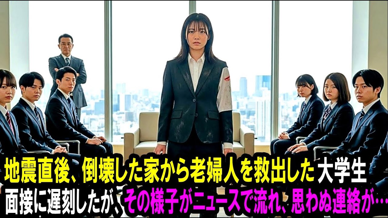 地震直後、倒壊した家から老婦人を救出した大学生。面接に遅刻したが、その様子がニュースで流れ、思わぬ連絡が・・・