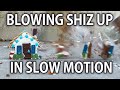 Blowing up our &quot;Gingerbread&quot; Houses. Slow Motion Explosions.