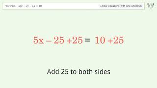 Solve 5(x-2)-15=10: Linear Equation Video Solution | Tiger Algebra