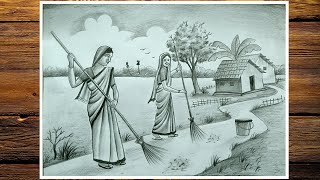 Swachh bharat abhiyan drawing ||gandgi mukt mera gaon drawing||pencil drawing