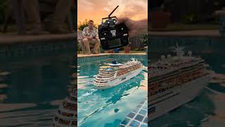A massive Ship laden with tiny Evergreen containers, listing slightly in a turquoise backyard pool.