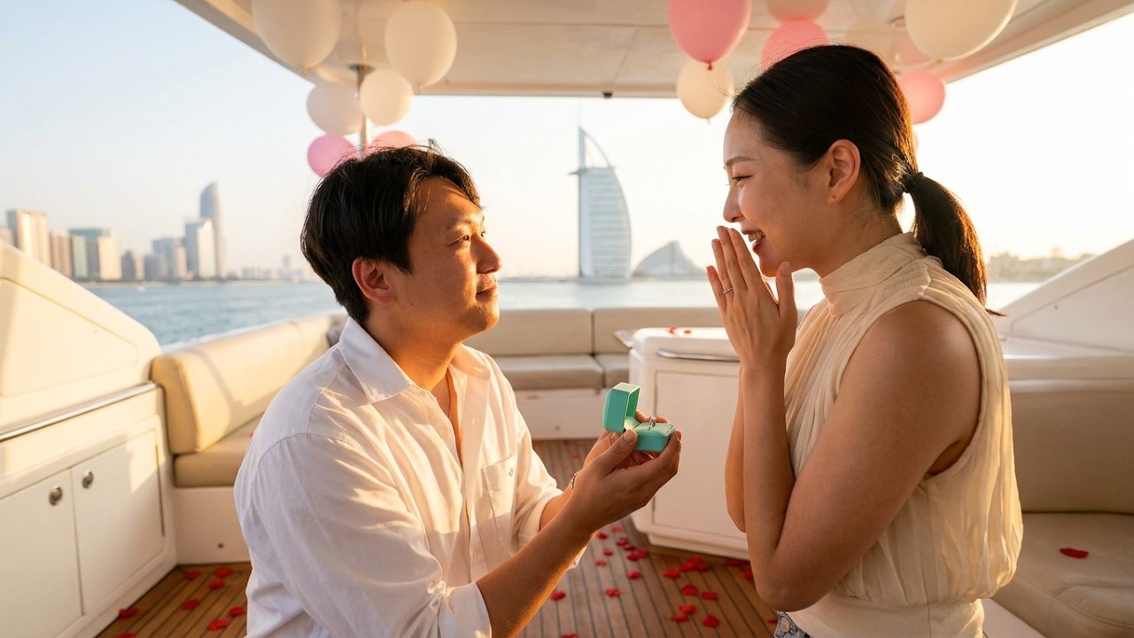 A proposal setup on the deck of a Mala Yachts charter at sunset in Dubai