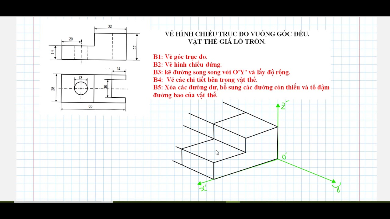 Hướng dẫn vẽ hình chiếu trục đo xiên góc cân với bút chì và thước kẻ