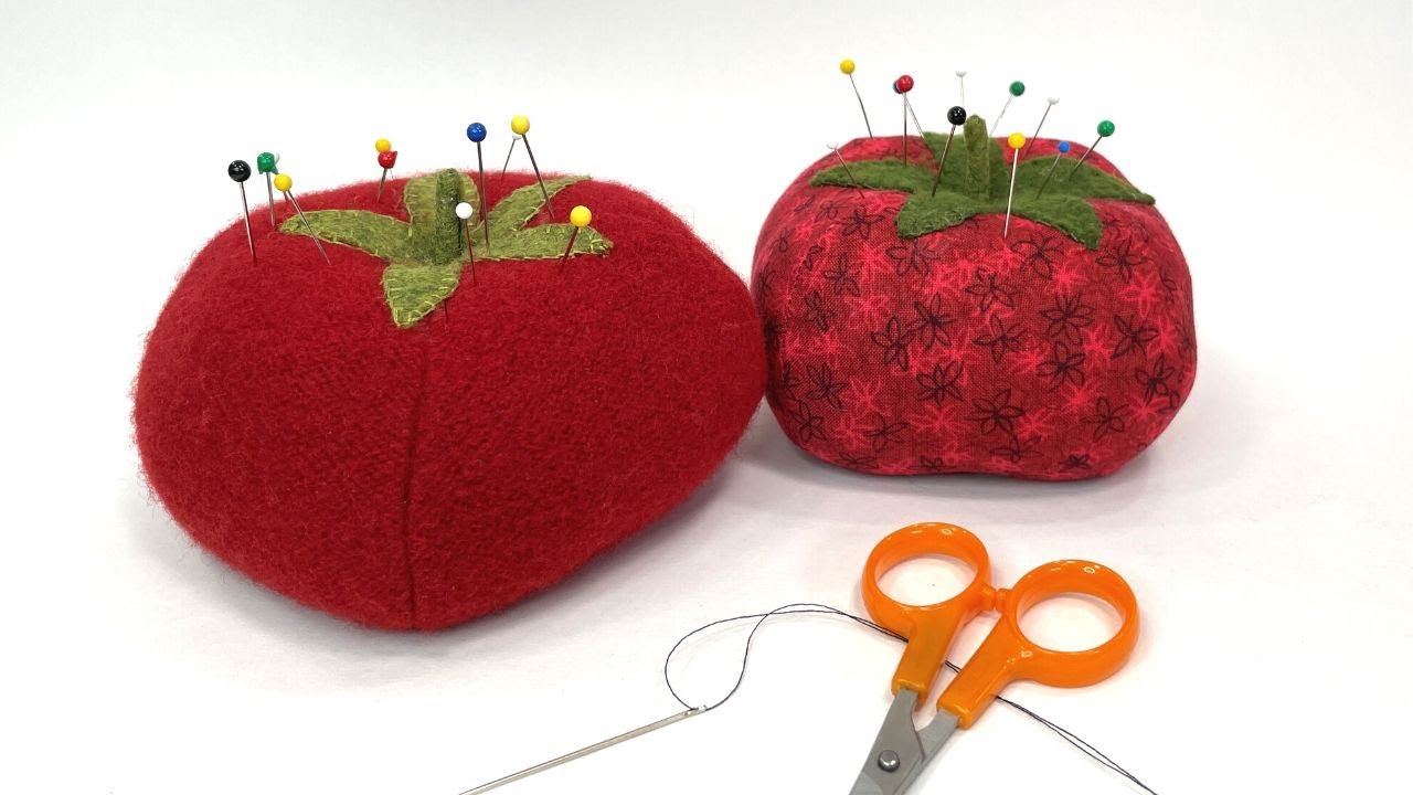 vintage red tomato pin cushion sewing needle holder fabric
