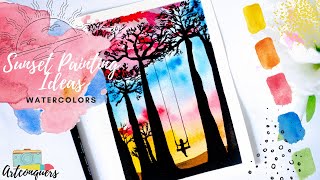 10 Minutes painting Video Watercolor|Easy  Sunset watercolor Ideas for beginners Step by Step