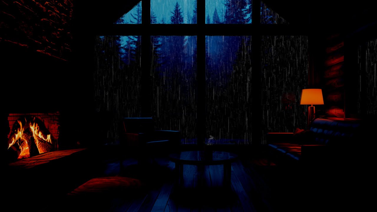Rainy Cabin Night with Fireplace | Peaceful Rain & Fire Sounds for Deep ...