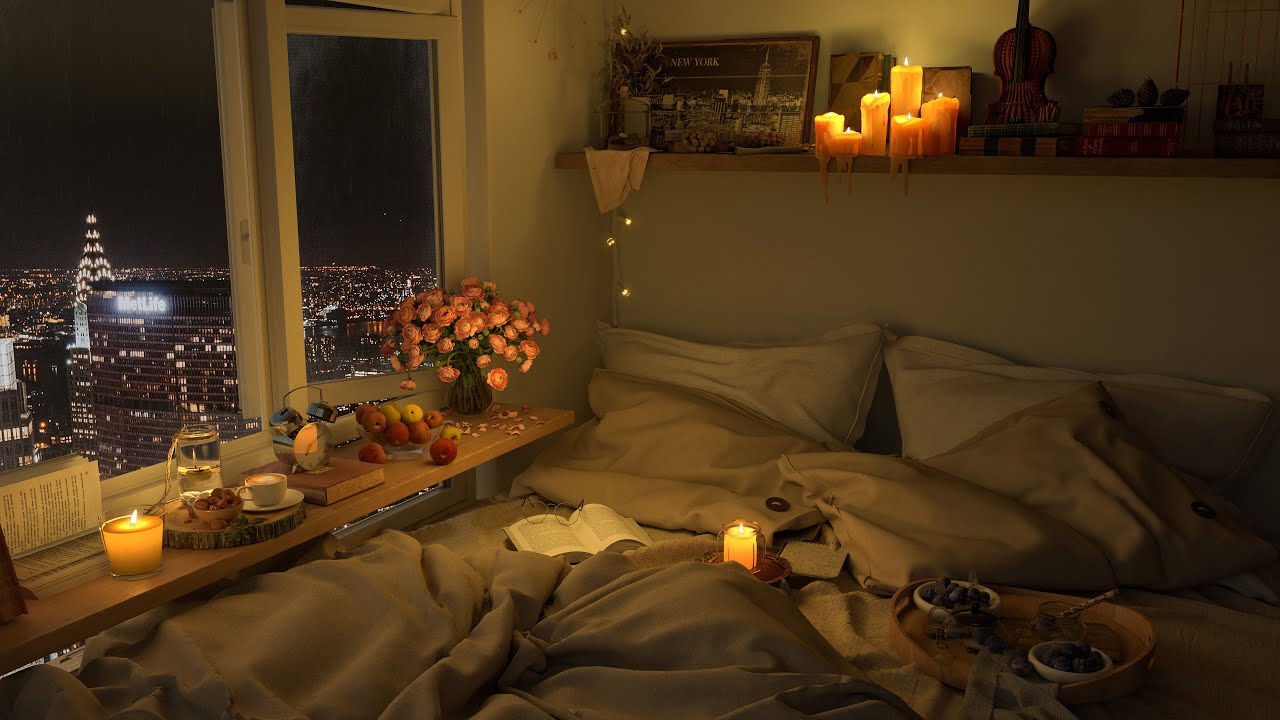 4K Cozy Bedroom With a Rainy Night View of the NYC - Smooth Jazz Piano ...