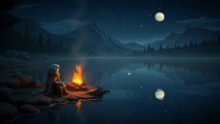 lonely traveler by the moonlit lake | cozy fantasy pixel art campfire ambience for sleep