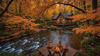 Calm Autumn Riverside Cabin 🍂🔥 Soft Piano & Crackling Campfire Sounds for Deep Sleep & Relaxation screenshot 2