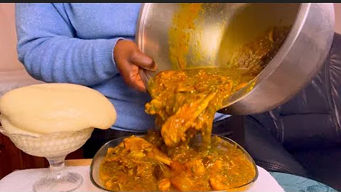 Asmr cow skin +smoked chicken okra soup with yam Fufu mukbang bang/eating show no talking