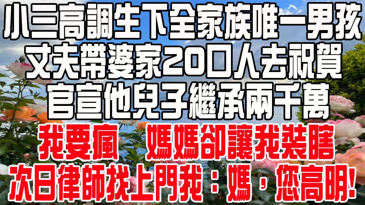 小三高調生下全家族唯一男孩，丈夫帶婆家20口人去祝賀，官宣他兒子繼承兩千萬財産，我要閙，媽媽卻讓我裝聾，次日律師找上門我：媽，您高明!
