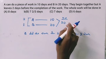 A can do a piece of work in 10 days and B in 20 days. They begin together but A leaves 2 days