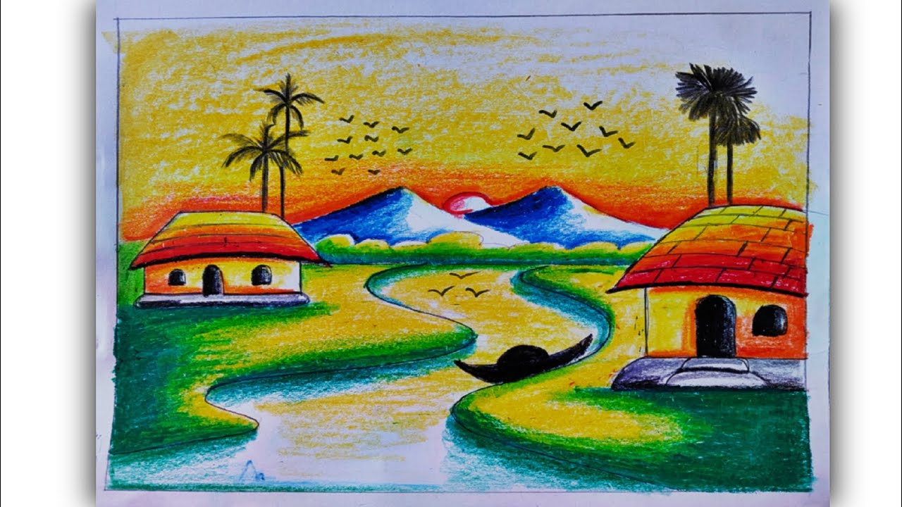 Beautiful scenery drawing/Easy scenery drawing for beginners/Sunset drawing by oil pastel 