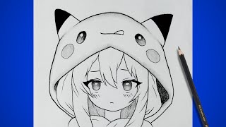 How To Draw A Cute Anime Girl With Pikachu Hoodie Easy Step By Step | How to draw Anime Girl