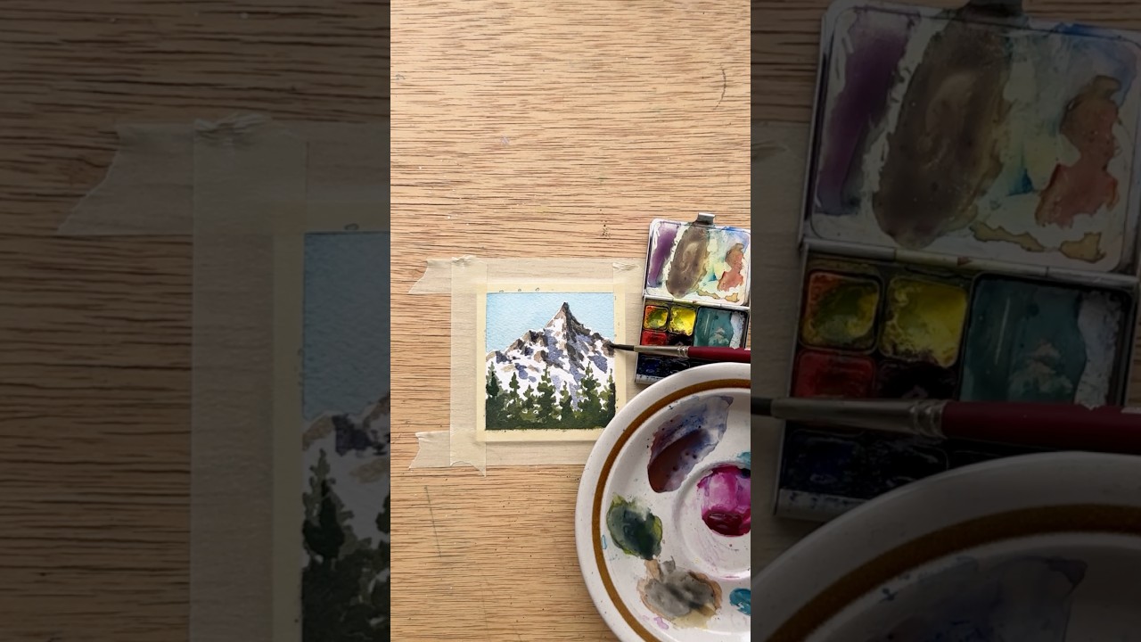 6/100 tiny paintings in 2025! Watercolor snowy mountain 🏔️