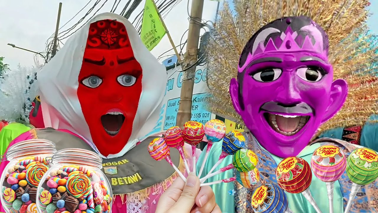 Enak, Ondel Ondel makan Permen Warna Warni banyak banget , ENAKnya , ondel-ondel betawi lucu