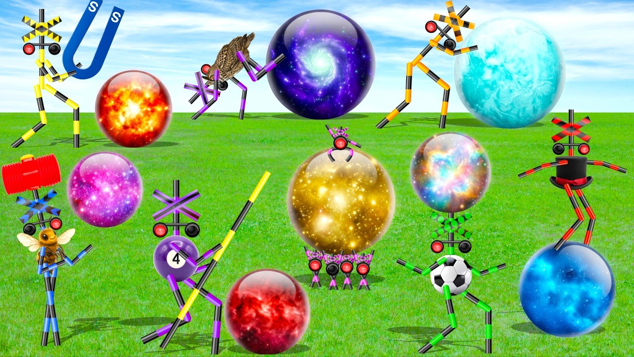 【踏切アニメ】カラフルな宇宙玉を持っている個性的で変な踏切たち大集合