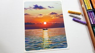 Oil pastel drawing landscape Sunset Sea / Oil pastel tutorial step by step / Drawing ASMR