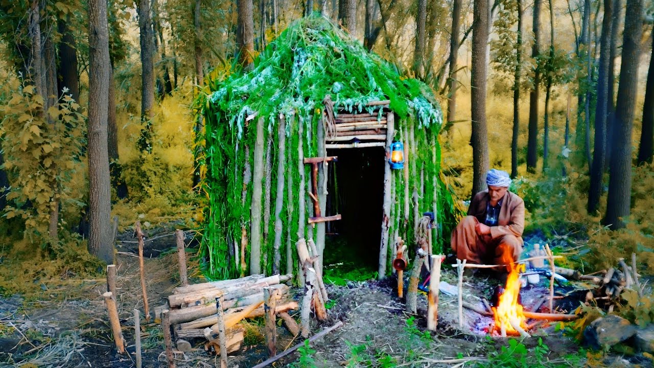Surviving One Night in the Forest | Building a Cone-Shaped Hut from Wood and Leaves.