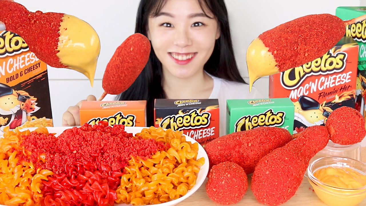 SUB) ASMR Flamin Hot Cheetos Mac and Cheese Mukbang 🔥Цыпленок, Хот-дог, Сырные шарики, Корн-Дог