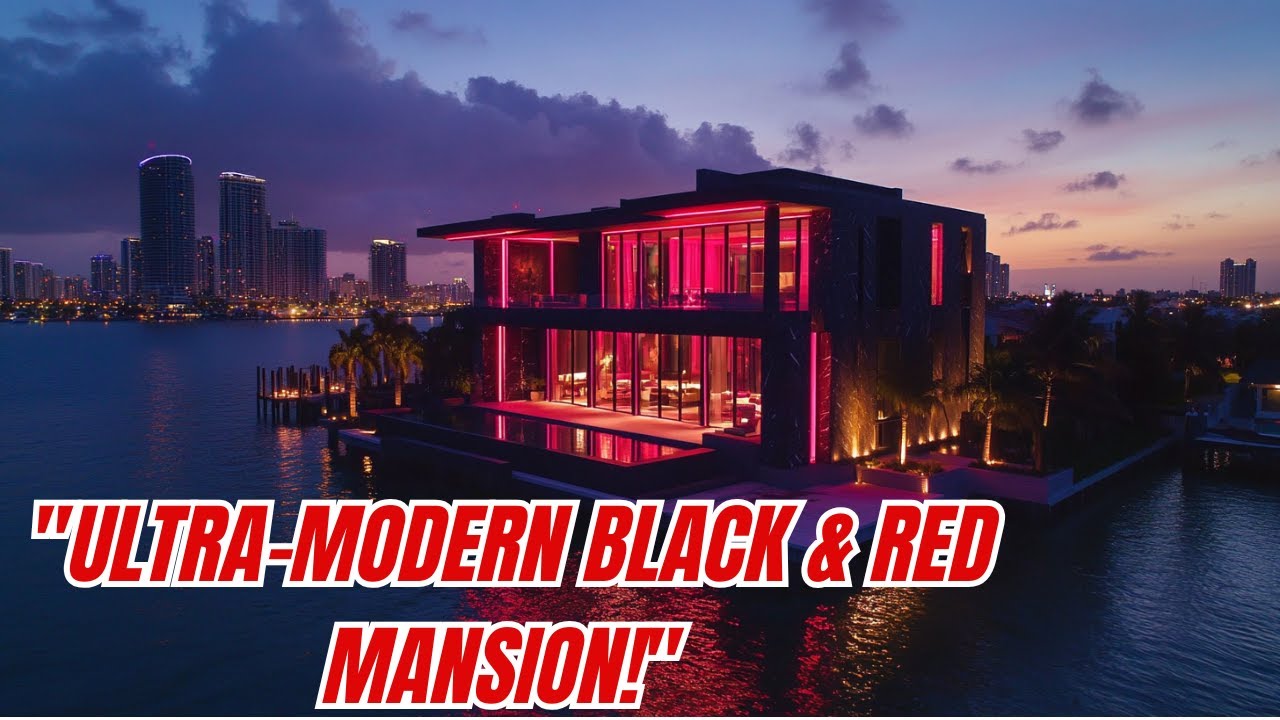 $145,000,000 Million Ultra-Modern Black & Red Gothic Waterfront Mansion in Miami | Exotic Cars Tour