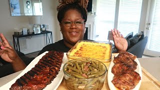 SOUL FOOD MEAL MAC N CHEESE BAKED CHICKEN RIBS FRESH STRING BEANS ASMR COOKING SOUNDS