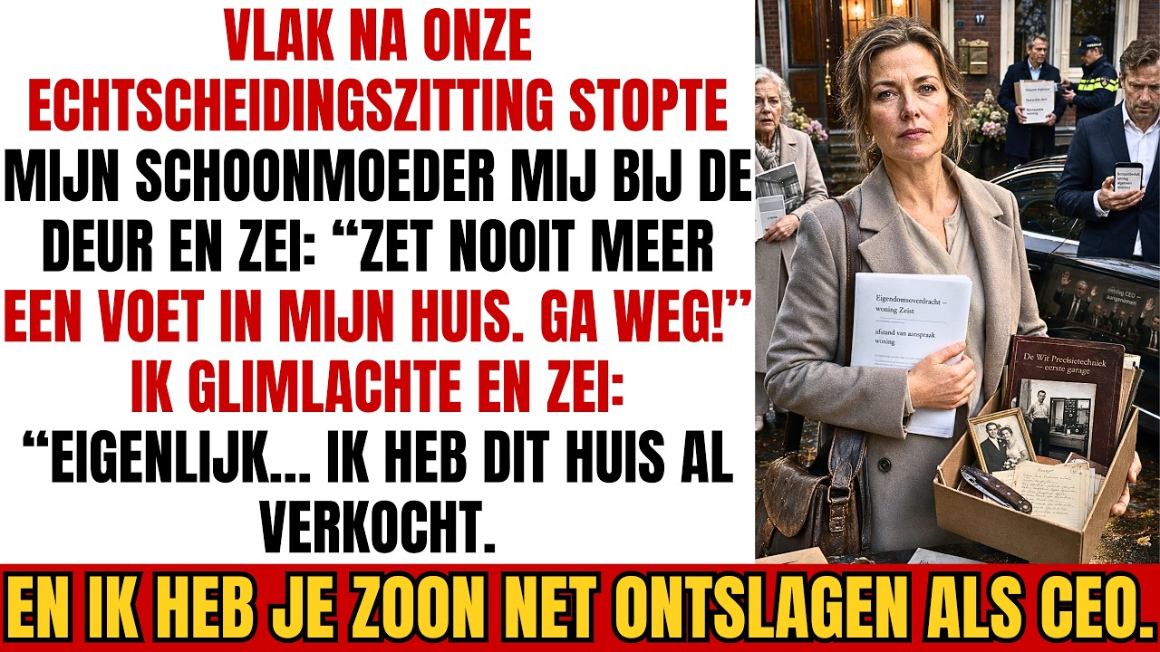 De deuren van de rechtbank waren nog maar net achter ons dichtgevallen, toen mijn schoonmoeder haar wandelstok voor me op het beton plantte en siste: “Zet nooit meer één voet in mijn huis.” Mijn...