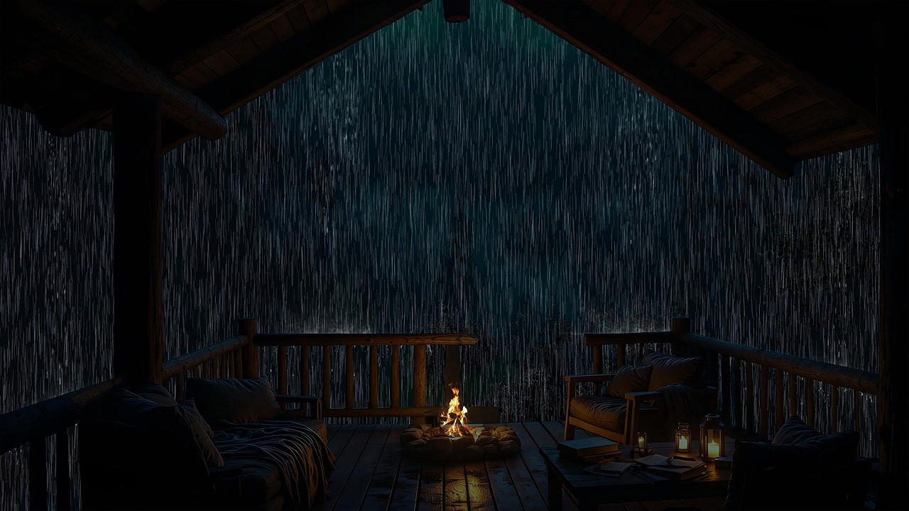 Relaxing Rain Ambience in a Quiet Dark Forest Cabin with Fireplace ...