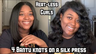 4 Bantu knots On a Silk Press! HeatLess Wand Curls!