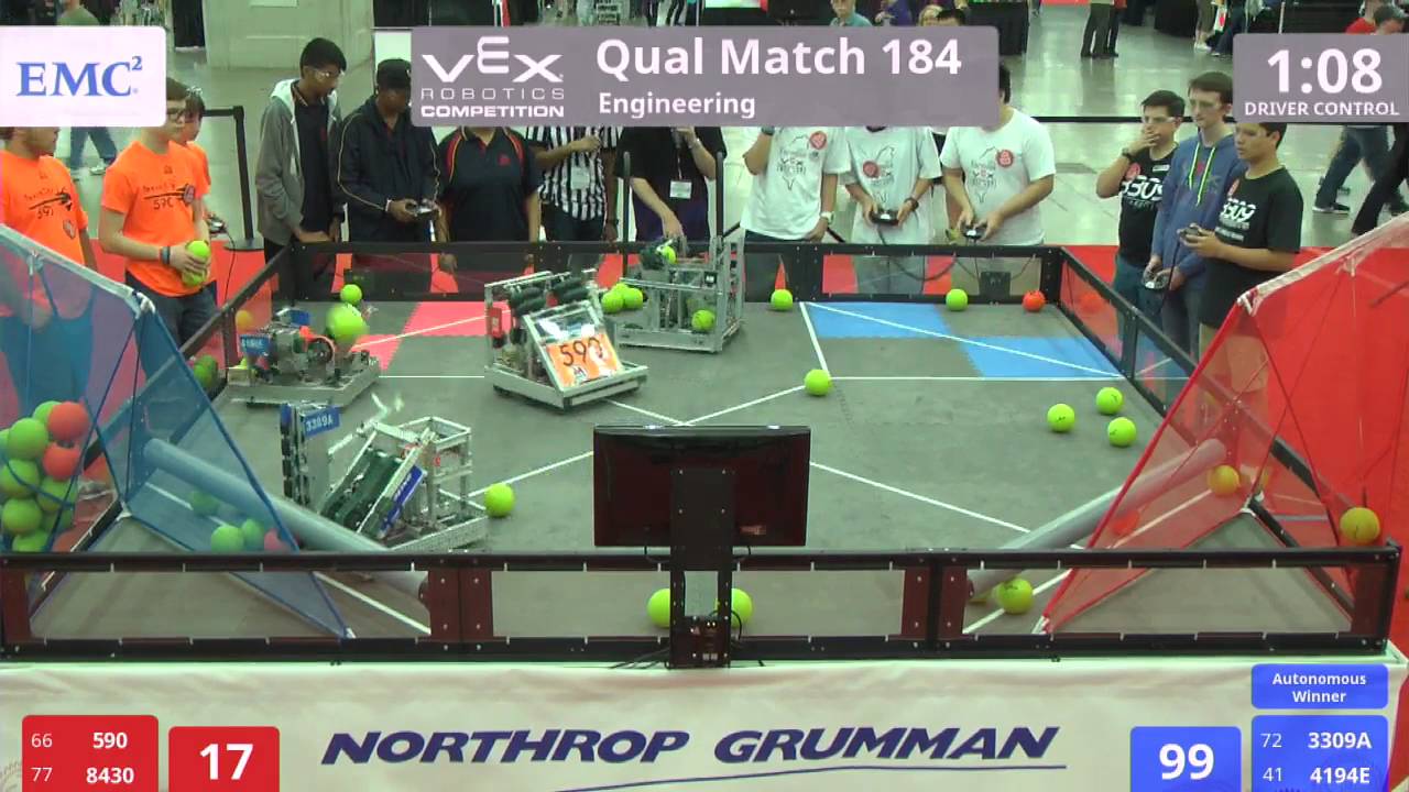 VEX Worlds 2016 - VRC High School - Engineering - Qual 184 (590 8430) 104 vs 211 (3309A 4194E)