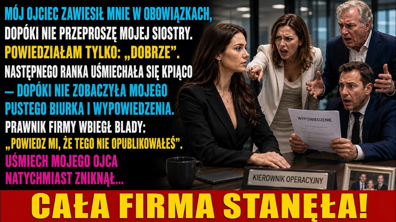 „Dobrze” – powiedziałam, patrząc ojcu prosto w oczy, gdy zawieszał mnie bez wynagrodzenia i żądał przeprosin dla mojej siostry. Następnego ranka o ósmej każdy ekran w firmie zgasł, a na wszystkich...