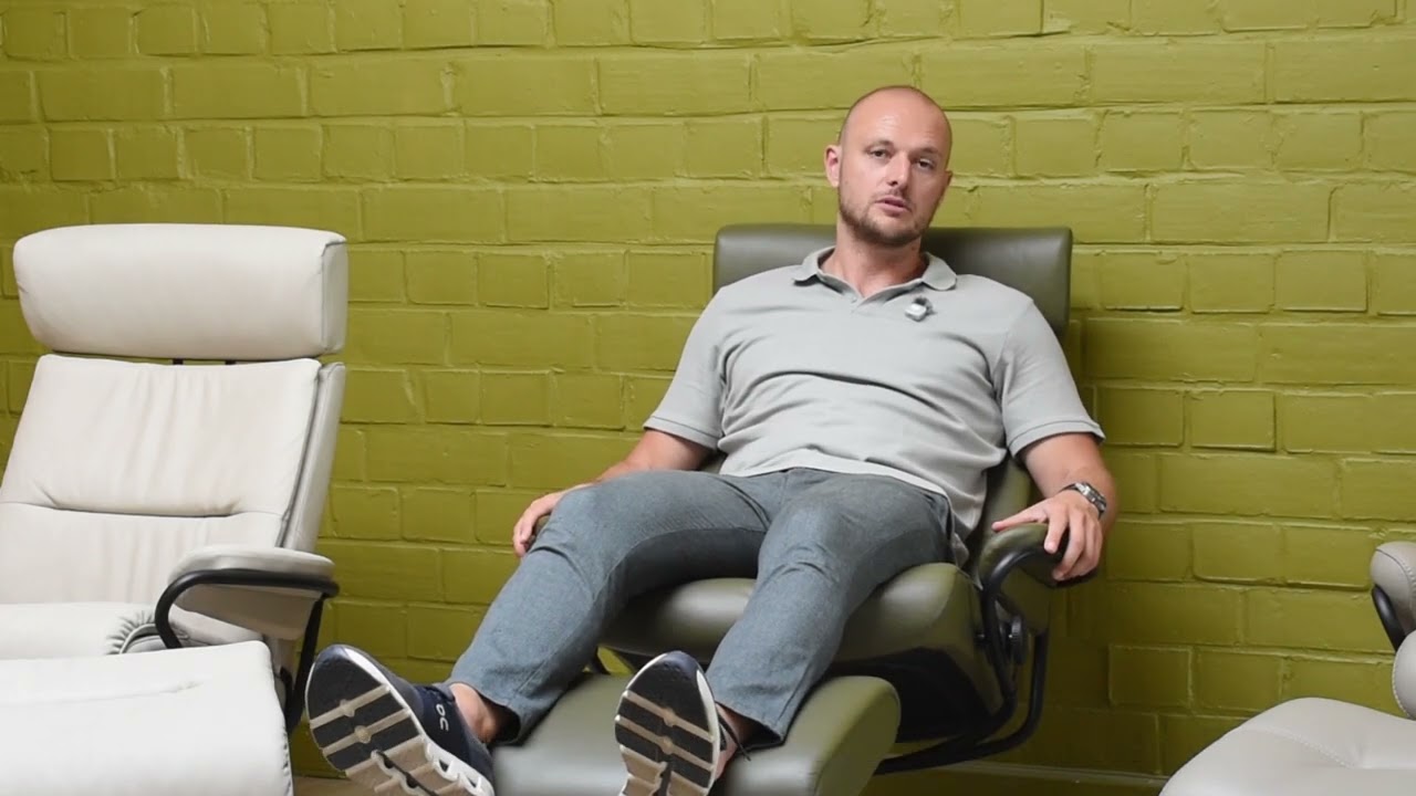 Video still: A Stressless Store consultant discusses the recliners from the Urban collection